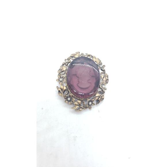 Vintage Purple Glass Reverse Carved Intaglio Cameo Brooch Pendant Oval Victorian - Picture 3 of 7